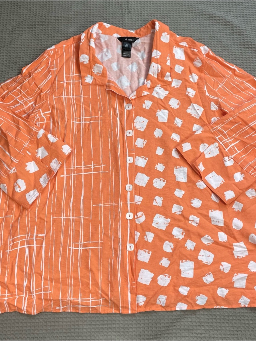 Ali Miles Blouse Shirt 3X Button Up Orange White Abstract 3/4‎ Sleeve Artsy